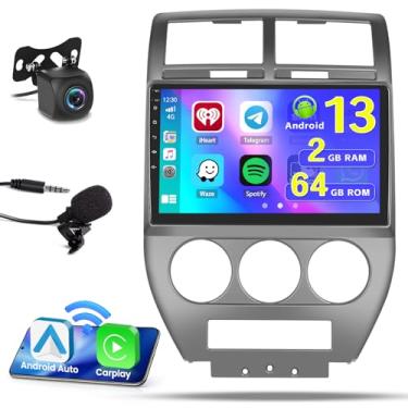 Imagem de Hikity 2 + 64 GB Android 13 estéreo para carro Jeep Compass Patriot 2007-2010 rádio com link de espelho automotivo sem fio Carplay, Android, tela sensível ao toque, GPS, WiFi, Bluetooth, FM RDS,