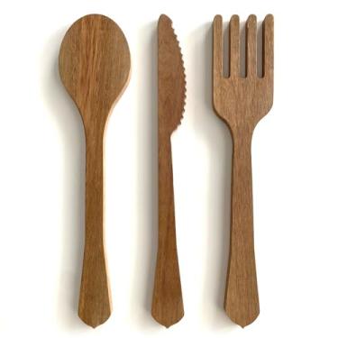 Imagem de Quadro Placa Trio Talheres Decorativos Artesanais Madeira Maciça Diversos Tamanhos Decoração (Sem Verniz, 40cm)