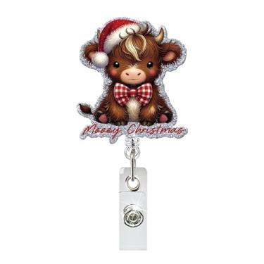 Imagem de Carretel de crachá retrátil Merry Christmas com desenhos de animais fofos com glitter nome de identificação jacaré, material de amamentação, professor, estudante, trabalhador, presente de escritório