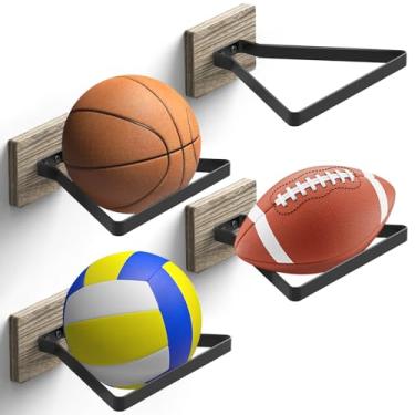Imagem de MYKASEN Suporte de parede com base de madeira, 4 peças, suporte de basquete, futebol, vôlei, organizador de acessórios esportivos para decoração de quarto de fãs de jogadores (triângulo)