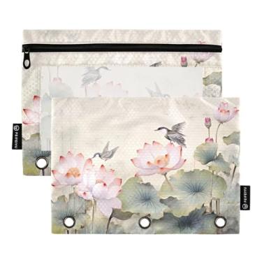 Imagem de Wassud Pacote com 2 pastas de fichário floridas de lótus e pássaros com 3 furos, pasta organizadora de arquivos para casa, escritório
