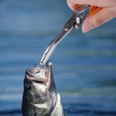 Imagem de Alicate de pesca de nariz curvado de aço inoxidável, removedor de anzol, alicate de nariz de mandíbula curvada, aço inoxidável com aderência antiderrapante, alicate de pesca multiuso com bolsa de