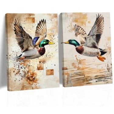 Imagem de QIXIANG Pintura de Pato Mallard Arte de Parede 2 Peças Patos Saltos Voando Entre os Palhetas Decoração em Tela Cartazes de Animais de Fazenda Decoração de Pintura de Caça Emoldurada (28 cm x 14 x 2