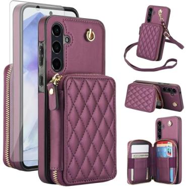 Imagem de Capa de celular para Samsung Galaxy A55 5G carteira de celular com protetor de tela de vidro temperado alça transversal de pulso suporte de cordão com bloqueio RFID para cartão de crédito A 55 55A