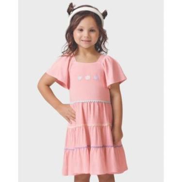 Imagem de Vestido linho bordado coração verão delicado leve encantador - Creme e Rosa - Menina 1 a 3 anos-Feminino