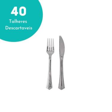 Imagem de Kit 40 Talheres Garfo E Faca Descartáveis Luxo Premium Prata - Silver 