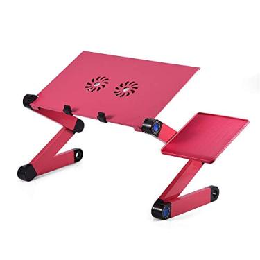 Imagem de Ejoyous Suporte dobrável para laptop, mesa de laptop de alumínio para cama e sofá, suporte de notebook portátil de volta ajustável para mesa de café da manhã com ventilador de refrigeração e mouse pad (rosa vermelho)