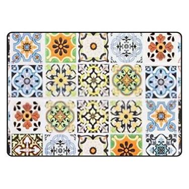 Imagem de Tapete de área macia com padrão de azulejos de cerâmica vintage colorido, tapete antiderrapante para sala de estar, quarto, sala de jantar, entrada de sala de aula, 6 x 9 cm
