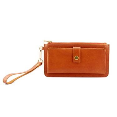 Imagem de Carteira feminina de couro genuíno PRERNA, dobrável, suporte para cartão de crédito, zíper, Tan, One Size