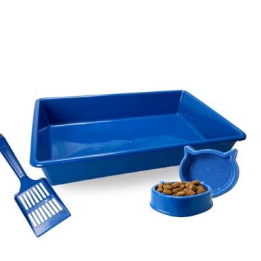 Imagem de Caixa de Areia Para Gatos Bandeja Sanitária Kit Completo Comedor Bebedor Pá Coletora Higiênica (Azul)