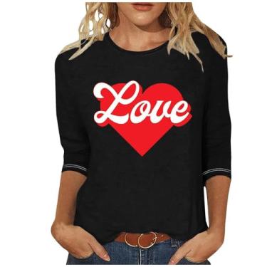 Imagem de Camisetas femininas com estampa de coração de três quartos para meninas e mulheres Cruise Cute Spring Tops para mulheres, Blusa feminina preta com mangas 3/4, 5G