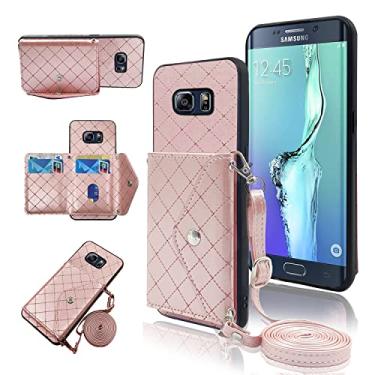 Imagem de Capa carteira compatível com Samsung Galaxy S6 Edge Plus com alça de ombro transversal e suporte de couro para cartão de crédito para Glaxay S6edge + S 6edge 6s 6 Edge+ mulheres meninas rosa