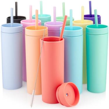 Imagem de SKINNY TUMBLERS (pacote com 12) Copos de acrílico fosco cor pastel com tampas e canudos | Copos de plástico de parede dupla Skinny, 473 ml com limpador de canudo grátis! Copo com canudo | Presentes faça-você-mesmo de vinil