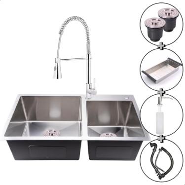 Imagem de SOFTINOX Kit Cuba Dupla Cozinha Gourmet 78x43cm Escovada + Torneira Monocomando Cromada 2 Jatos — Manta Anti-Ruído, Aço Inox 304, Cesto Escorredor, Dispenser 300ml, Válvulas e Kit de Instação