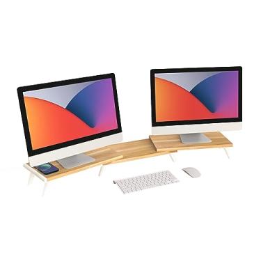 Imagem de loukin Dual Monitor Stand Riser for Desk, 17.32" x 9.84" Large Computer Stand for 2 Monitors, Laptop, Printer, Length and Angle Adjustable Computer Shelf, Home Office, Max 43.6" Length (Natural Wood)
