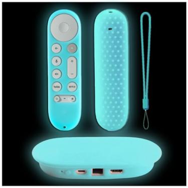 Imagem de Gavyqier Conjunto de capa protetora de silicone para Google TV Streamer 4K 2024 Chromecast TV Streamer 4K caixa anfitriã e controle remoto de voz brilha no escuro azul celeste