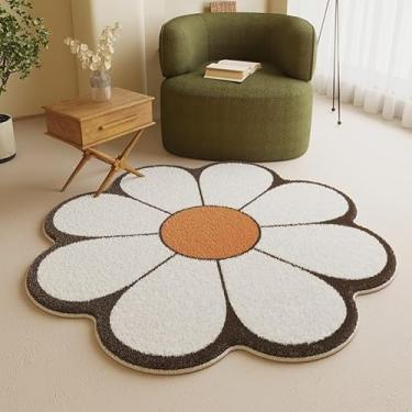 Imagem de TEMBR Tapete em forma de flor branca, lindo tapete redondo para quarto, sala de estar, tapete circular fofo, lavável, tapete de berçário para quarto de crianças, antiderrapante, para entrada - 80 cm