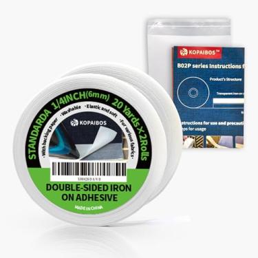 Imagem de KOPAIBOS kepaibos fita dupla face de ferro na bainha com suporte, fácil de passar, lavável, fusível, sem costura, fita para tecido (padrão, 1/4 polegada de largura x 20 jardas x 2 rolos)