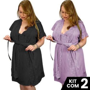 Imagem de Kit 2 Robes e 2 Camisolas Sexy Plus Sedutora Tamanho Grande Confortáve