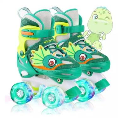 Imagem de Patins Quad Criança Meninos Ajustável Azul Dinossaur Patins De 4 Rodas