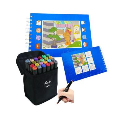 Imagem de Canetinha 24 Cores Livro Pintar 100 Folhas Ursinho Fofo Desenho Divertido Ponta Dupla Colorir Estojo Hobbie