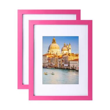 Imagem de wyooxoo Conjunto de 2 porta-retratos de 20 x 28 cm feito de madeira maciça, 15 x 20 cm com tapete ou 21 x 27 cm sem tapete, moldura colorida para exibição de parede ou mesa, rosa