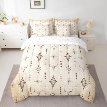 Imagem de Feelyou Conjunto de edredom com estampa de caveira de touro ocidental, boêmio, chifres étnicos, 7 peças, tamanho king, adulto, preto, marrom, tribal, misterioso, cama asteca em uma bolsa