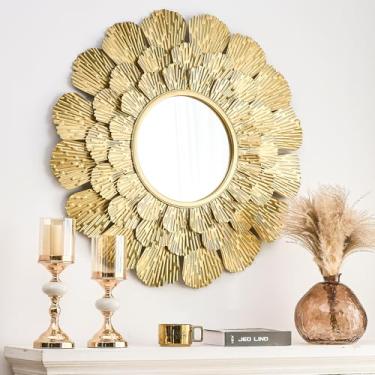 Imagem de PERHOM Espelho de arte de parede de ouro redondo vintage, espelho decorativo de metal, 85 cm x 85 cm, espelhos de formato antigo boho para pendurar na parede, para entrada, sala de estar, banheiro