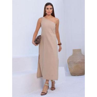 Imagem de Vestido de Linho Ombro Único com Fenda Lateral Sofisticada - Lumia, Nu
