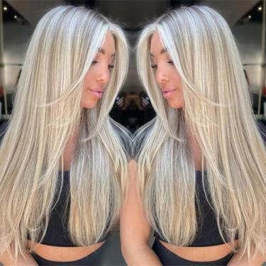 Imagem de Peruca de cabelo humano real sem cola 33 x 10 cm com destaque loiro acinzentado pré-cortado Balayage Ombre marrom loiro liso perucas longas UHD Lace Frontal peruca cabelo humano real para mulheres
