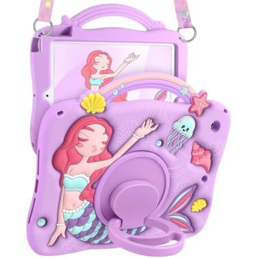 Imagem de Boaretiu Capa para iPad 9ª geração de 10,2 polegadas - para iPad 7ª/8ª/9ª geração, desenho 3D, sereias, meninas, adolescentes, capa de silicone macio com alça e suporte giratório