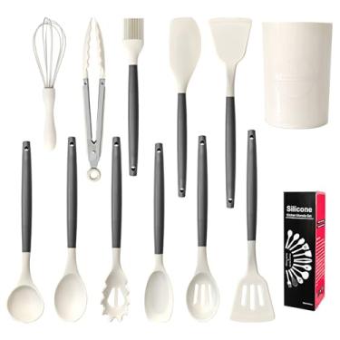 Imagem de Conjunto de utensílios de cozinha de silicone antiaderente de 12 peças com alças de madeira – inclui concha, espátula e raspador – resistente ao calor e livre de BPA
