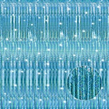 Imagem de Crosize Pacote com 3 cortinas de franjas azuis a laser de 1 x 3 m, decoração de festa, cortina de estanho azul laser para festas, serpentinas de porta, pano de fundo com glitter para decoração de