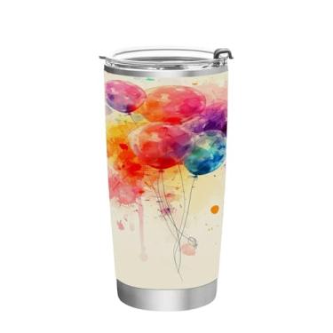 Imagem de Wassud Balões abstratos copo com tampa e canudo aço inoxidável parede dupla copo isolado copo de viagem caneca de café para bebidas frias e quentes 590 ml