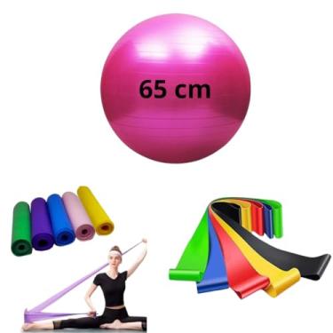 Imagem de Kit Bola Suíça Pilates 65cm com Faixa Elástica e 5 Mini Bands Treino Funcional Yoga Fisioterapia (Rosa)