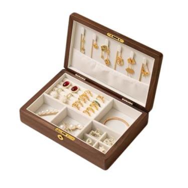 Imagem de Bescott Caixa de joias de madeira de nogueira preta sólida de 2 camadas para mulheres com cadeado e chave, organizador vintage para homens, brincos, anéis, colares, pulseira, armazenamento, presente