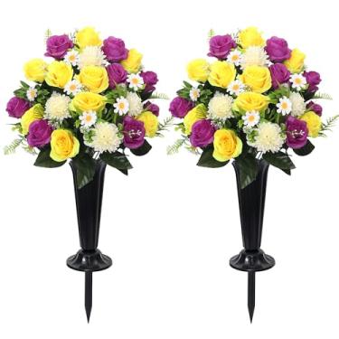 Imagem de Wocst Flores de cemitério para sepultura, 24 cabeças artificiais grandes crisântemos rosa margarida com vaso de cemitério, flores artificiais de cemitério para decorações de túmulos ao ar livre (roxo