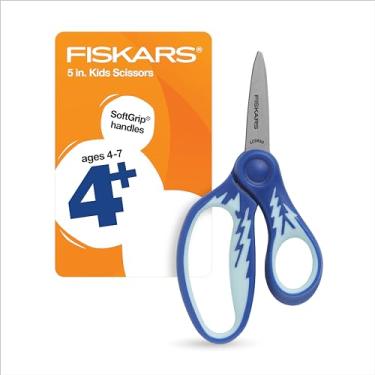 Imagem de Fiskars Tesoura de ponta pontiaguda SoftGrip de 12,7 cm para crianças de 4 a 7 anos, tesoura para escola ou artesanato, material de volta às aulas, relâmpago azul