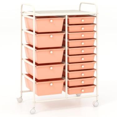 Imagem de Carrinho de armazenamento com 15 gavetas, carrinho utilitário móvel com rodas bloqueáveis, gavetas, carrinho organizador multiuso para casa, escritório, escola, pêssego