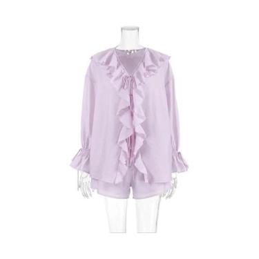 Imagem de Conjunto Feminino Casual De Shorts Com Decote Em V E Renda Franzida, A