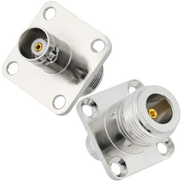 Imagem de POBADY 2PCS N Fêmea para BNC Fêmea 4 Furos Flange Painel Montagem Adaptador 50 Ohm N Tipo para BNC 4 Furos Montagem em Chassi Flange Adaptador de Solda para Antena de Rádio Cabo Coaxial