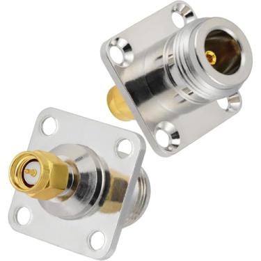 Imagem de POBADY 2PCS N Fêmea para SMA Macho 4 Furos Flange Painel Montagem Adaptador 50 Ohm N Tipo para SMA 4 Furos Montagem em Chassi Flange Adaptador de Solda para Antena de Rádio Cabo Coaxial