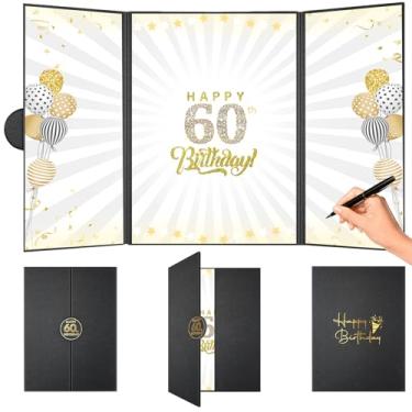 Imagem de FREXISYN Decorações de festa de aniversário em ouro preto, livro de visitas feliz aniversário assinatura alternativa livro de visitas para homens e mulheres felicitações para 60 anos de idade