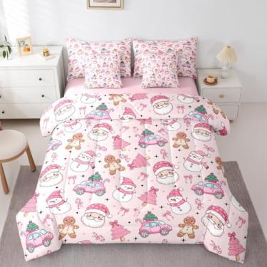 Imagem de Castle Fairy Jogo de cama solteiro com estampa de laço, Papai Noel e boneco de neve, rosa, 7 peças, lençol de cima e lençol com elástico, 4 fronhas