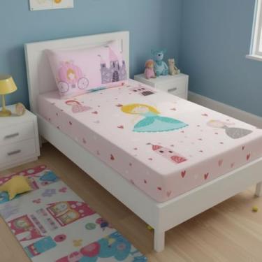 Imagem de Jogo de Lençol Solteiro 2 peças Lençol Elástico com Fronha Estampada Princesas