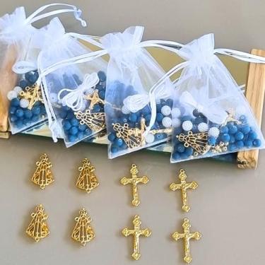 Imagem de Maleta de Miçangas Bolinhas Para Terço Adulto Azul Cruz Nossa Senhora Batizado