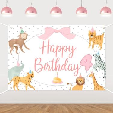 Imagem de Fundo de festa de aniversário de animais, decoração de aniversário de safári rosa, jardim zoológico, cenário de vinil para meninas de 4 anos, artigos de festa de aniversário