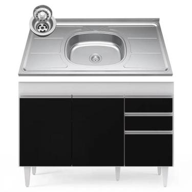 Imagem de Balcão Gabinete com Pia Inox 120cm Michigan Branco/Preto - Lumil - Lum