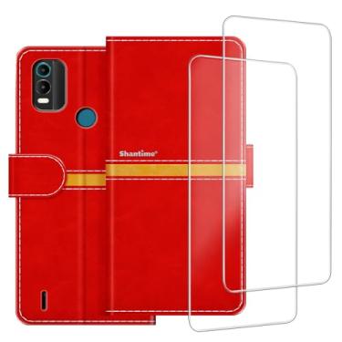 Imagem de ESACMOT Capa de celular compatível com Nokia C21 Plus + [2 unidades] película protetora de tela de vidro, capa protetora magnética de couro premium para Nokia G11 Plus (6,5 polegadas) vermelha