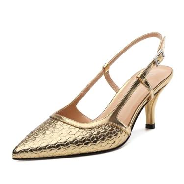 Imagem de Heisnemca Sapato feminino de salto alto, bico fino, patente de salto médio, tira no tornozelo, sapatos femininos em relevo, vestido de festa, escritório, 6,3 cm, Patente de ouro, 40